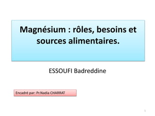 Magnésium : rôles, besoins et
sources alimentaires.
ESSOUFI Badreddine
Encadré par: Pr.Nadia CHARRAT
1
 