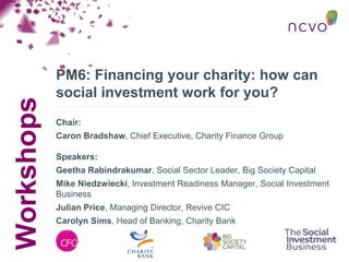 Workshops
PM6: Financing your charity: how can
social investment work for you?
Chair:
Caron Bradshaw, Chief Executive, Charity Finance Group
Speakers:
Geetha Rabindrakumar, Social Sector Leader, Big Society Capital
Mike Niedzwiecki, Investment Readiness Manager, Social Investment
Business
Julian Price, Managing Director, Revive CIC
Carolyn Sims, Head of Banking, Charity Bank
 