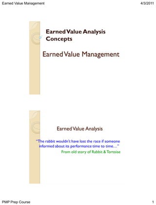 Earned Value Management

4/3/2011

Earned Value Analysis
Concepts

Earned Value Management

Earned Value Analysis
“The rabbit wouldn’t have lost the race if someone
informed about its performance time to time…”
From old story of Rabbit & Tortoise

PMP Prep Course

1

 