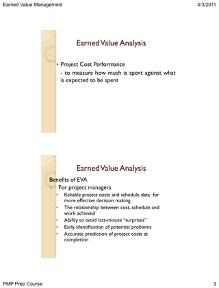 Earned Value Management

4/3/2011

Earned Value Analysis


Project Cost Performance
- to measure how much is spent agains...