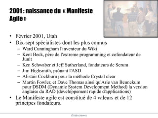 @elodescharmes
2001 : naissance du « Manifeste
Agile »
• Février 2001, Utah
• Dix-sept spécialistes dont les plus connus
– Ward Cunningham l'inventeur du Wiki
– Kent Beck, père de l'extreme programming et cofondateur de
Junit
– Ken Schwaber et Jeff Sutherland, fondateurs de Scrum
– Jim Highsmith, prônant l'ASD
– Alistair Cockburn pour la méthode Crystal clear
– Martin Fowler, et Dave Thomas ainsi qu'Arie van Bennekum
pour DSDM (Dynamic System Development Method) la version
anglaise du RAD (développement rapide d'applications)
• Le Manifeste agile est constitué de 4 valeurs et de 12
principes fondateurs.
 