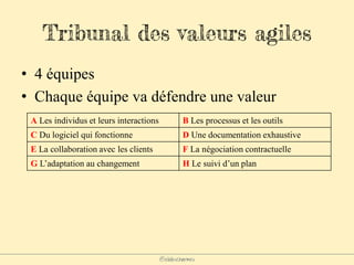 @elodescharmes
Tribunal des valeurs agiles
• 4 équipes
• Chaque équipe va défendre une valeur
A Les individus et leurs interactions B Les processus et les outils
C Du logiciel qui fonctionne D Une documentation exhaustive
E La collaboration avec les clients F La négociation contractuelle
G L’adaptation au changement H Le suivi d’un plan
 