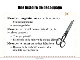 @elodescharmes
Une histoire de découpage
Découper l’organisation en petites équipes
– Multidisciplinaires
– Auto-organisées
Découper le travail en une liste de petits
livrables concrets
– Trier par priorité
– Estimez la taille relative de chaque élément
Découper le temps en petites itérations
– Donner de la visibilité, montrer des
résultats intermédiaires

 