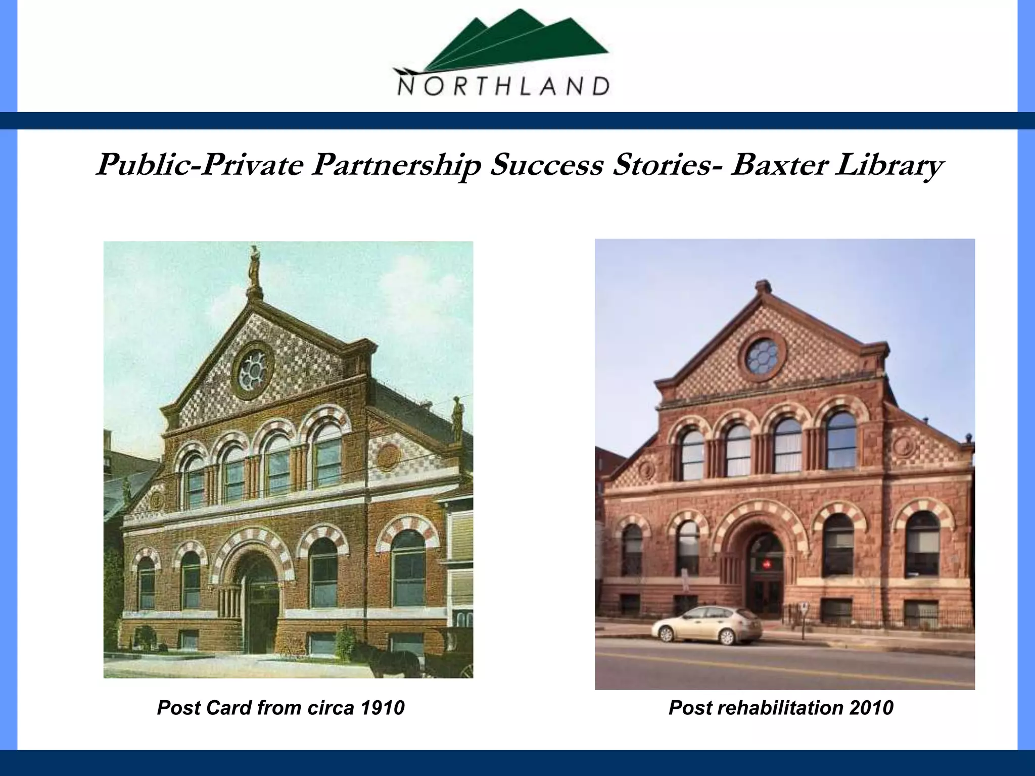 Public-Private Partnership Success Stories- Baxter Library




    Post Card from circa 1910          Post rehabilitation 2010
 