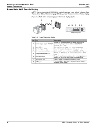 © 2011 Schneider Electric. All Rights Reserved.
PowerLogicTM
Series 800 Power Meter 63230-500-225A2
Chapter 1—Introduction 3/2011
4
Power Meter With Remote Display
NOTE: The remote display kit (PM8RD) is used with a power meter without a display. See
“Power Meter Without Display” on page 3 for the parts of the power meter without a display.
Figure 1–3: Parts of the remote display and the remote display adapter
Table 1–4: Parts of the remote display
No. Part Description
1 Remote display adapter (PM8RDA)
Provides the connection between the remote display and the
power meter. Also provides an additional RS232/RS485
connection (2- or 4-wire).
2 Cable CAB12 Connects the remote display to the remote display adapter.
3 Remote display (PM8D) Visual interface to configure and operate the power meter.
4 Communications mode button Use to select the communications mode (RS232 or RS485).
5 Communications mode LED
When lit, the LED indicates the communications port is in RS232
mode.
6 RS232/RS485 port
This port is used for communications with a monitoring and control
system. This port can be daisy-chained to multiple devices.
7 Tx/Rx Activity LED The LED flashes to indicate communications activity.
8 CAB12 port
Port for the CAB12 cable used to connect the remote display to
the remote display adapter.
2
3
1
TX/RX
4 5 6 87
PM8RDA Top View
 