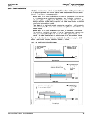 © 2011 Schneider Electric. All Rights Reserved.
63230-500-225A2 PowerLogicTM
Series 800 Power Meter
3/2011 Chapter 3—Operation
17
ALARM (Alarms) Setup
There is an extensive list of meter error conditions
which can be monitored and cause an alarm.
1. Perform steps 1 through 5 of the SETUP MODE
Access procedure on page 11.
2. Press ###: until ALARM is visible.
3. Press ALARM.
4. Press - or - to select the alarm option you
want to edit.
5. Press EDIT.
6. Select to ENABL (enable) or DISAB (disable)
the alarm.
7. Press OK.
8. Select the PR (priority): NONE, HIGH, MED, or
LOW.
9. Press OK.
10. Select how the alarm values are displayed:
ABSOL (absolute value) or RELAT (percentage
relative to the running average).
11. Enter the PU VALUE (pick-up value).
12. Press OK.
13. Enter the PU DELAY (pick-up delay).
14. Press OK.
15. Enter the DO VALUE (drop-out value).
16. Press OK.
17. Enter the DO DELAY (drop-out delay).
18. Press OK.
19. Press 1; to return to the alarm summary
screen.
20. Press 1; to return to the SETUP MODE screen.
21. At the SETUP MODE screen, continue
programming additional setup features or
press1; until you are asked to save changes.
22. Press YES to save the changes.

/6%2 6!.
  