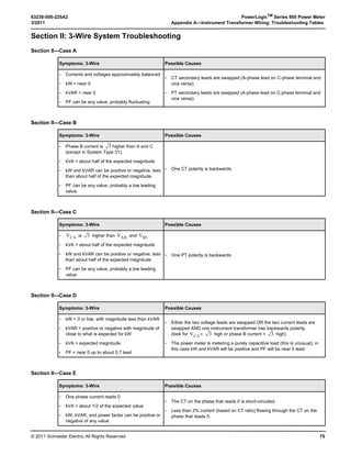 © 2011 Schneider Electric. All Rights Reserved.
PowerLogicTM
Series 800 Power Meter 63230-500-225A2
Chapter 5—Input/Output Capabilities 3/2011
40
Demand Synch Pulse Input
You can configure the power meter to accept a demand synch pulse from an external
source, such as another demand meter. By accepting demand synch pulses through a
digital input, the power meter can make its demand interval “window” match the other
meter’s demand interval “window.” The power meter does this by “watching” the digital
input for a pulse from the other demand meter. When it sees a pulse, it starts a new
demand interval and calculates the demand for the preceding interval. The power meter
then uses the same time interval as the other meter for each demand calculation. Figure
5–2 illustrates this option. See “Demand Readings” on page 30 in Chapter 4—Metering
Capabilities for more about demand calculations.
When in demand synch pulse operating mode, the power meter will not start or stop a
demand interval without a pulse. The maximum allowable time between pulses is 60
minutes. If 66 minutes (110% of the demand interval) pass before a synch pulse is
received, the power meter throws out the demand calculations and begins a new
calculation when the next pulse is received. Once in synch with the billing meter, the power
meter can be used to verify peak demand charges.
Important facts about the power meter’s demand synch feature are listed below:
• Any installed digital input can be set to accept a demand synch pulse.
• Each system can choose whether to use an external synch pulse, but only one demand
synch pulse can be brought into the meter for each demand system. One input can be
used to synchronize any combination of the demand systems.
• The demand synch feature can be set up using PowerLogic software.
Relay Output Operating Modes
The relay output defaults to external control, but you can choose whether the relay is set to
external or internal control:
• External (remote) control—the relay is controlled either from a PC using PowerLogic
software or a programmable logic controller using commands via communications.
• Power meter alarm (internal) control—the relay is controlled by the power meter in
response to a set-point controlled alarm condition, or as a pulse initiator output. Once
you’ve set up a relay for power meter control, you can no longer operate the relay
remotely. However, you can temporarily override the relay, using PowerLogic software.
NOTE: If any basic setup parameters or I/O setup parameters are modified, all relay
outputs will be de-energized.
The 11 relay operating modes are as follows:
• Normal
— Externally Controlled: Energize the relay by issuing a command from a remote PC
or programmable controller. The relay remains energized until a command to de-
energize is issued from the remote PC or programmable controller, or until the
Figure 5–2: Demand synch pulse timing
PLSD110140
Normal Demand Mode External Synch Pulse Demand Timing
Billing Meter
Demand Timing
Power Meter
Demand Timing
Billing Meter
Demand Timing
Power Meter
Demand Timing
(Slave to Master)
Utility Meter
Synch Pulse
 