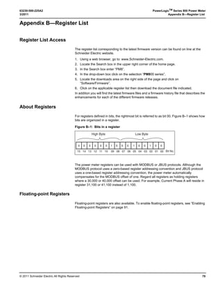 © 2011 Schneider Electric. All Rights Reserved.
PowerLogicTM
Series 800 Power Meter 63230-500-225A2
Chapter 5—Input/Output Capabilities 3/2011
44
Step 4: Round to nearest hundredth, since the power meter only accepts 0.01 kWh
increments.
Analog Inputs
With a PM8M2222 option module installed, a power meter can accept either voltage or
current signals through the analog inputs on the option module. The power meter stores a
minimum and a maximum value for each analog input.
For technical specifications and instructions on installing and configuring the analog inputs
on the PM8M2222, refer to the instruction bulletin (63230-502-200) that ships with the
option module. To set up an analog input, you must first set it up from the display. From the
SUMMARY screen, select MAINT  SETUP  I/O, then select the appropriate analog input
option. Then, in PowerLogic software, define the following values for each analog input:
• Name—a 16-character label used to identify the analog input.
• Units—the units of the monitored analog value (for example, “psi”).
• Scale factor—multiplies the units by this value (such as tenths or hundredths).
• Report Range Lower Limit—the value the Power Meter reports when the input
reaches a minimum value. When the input current is below the lowest valid reading, the
Power Meter reports the lower limit.
• Report Range Upper Limit—the value the power meter reports when the input
reaches the maximum value. When the input current is above highest valid reading, the
Power Meter reports the upper limit.
For instructions on setting up analog inputs using software, see your software
documentation or Help file.
Analog Outputs
This section describes the analog output capabilities when a PM8M2222 is installed on the
Power Meter. For technical specifications and instructions on installing and configuring the
analog outputs on the PM8M2222, refer to the instruction bulletin (63230-502-200) that
ships with the option module.
To set up an analog output, you must first set it up from the display. From the SUMMARY
screen, select MAINT  SETUP  I/O, then select the appropriate analog output option.
Then, in PowerLogic software, define the following values for each analog input
• Name—a 16-character label used to identify the output. Default names are assigned,
but can be customized
• Output register—the Power Meter register assigned to the analog output.
• Lower Limit—the value equivalent to the minimum output current. When the register
value is below the lower limit, the Power Meter outputs the minimum output current.
• Upper Limit—the value equivalent to the maximum output current. When the register
value is above the upper limit, the Power Meter outputs the maximum output current.
For instructions on setting up an analog output using software, see your software
documentation or Help file.
0.222 kWh/second
2
------------------------------------------------- 0.1111 kWh/pulse=
Pulse Weight (Ke) 0.11 kWh/pulse=
 