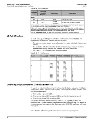 © 2011 Schneider Electric. All Rights Reserved.
63230-500-225A2 PowerLogicTM
Series 800 Power Meter
3/2011 Chapter 6—Alarms
49
Scale Factors
A scale factor is the multiplier expressed as a power of 10. For example, a multiplier of 10 is
represented as a scale factor of 1, since 101
=10; a multiplier of 100 is represented as a
scale factor of 2, since 102
=100. This allows you to make larger values fit into the register.
Normally, you do not need to change scale factors. If you are creating custom alarms, you
need to understand how scale factors work so that you do not overflow the register with a
number larger than what the register can hold. When PowerLogic software is used to set up
alarms, it automatically handles the scaling of pickup and dropout setpoints. When creating
a custom alarm using the power meter’s display, do the following:
• Determine how the corresponding metering value is scaled, and
• Take the scale factor into account when entering alarm pickup and dropout settings.
Pickup and dropout settings must be integer values in the range of -32,767 to +32,767. For
example, to set up an under voltage alarm for a 138 kV nominal system, decide upon a
setpoint value and then convert it into an integer between -32,767 and +32,767. If the under
voltage setpoint were 125,000 V, this would typically be converted to 12500 x 10 and
entered as a setpoint of 12500.
Six scale groups are defined (A through F). The scale factor is preset for all factory-
configured alarms. Table 6–2 lists the available scale factors for each of the scale groups.
If you need either an extended range or more resolution, select any of the available scale
factors to suit your need. Refer to “Changing Scale Factors” on page 91 of
Appendix C—Using the Command Interface.
Table 6–2: Scale Groups
Scale Group Measurement Range Scale Factor
Scale Group A—Phase Current
Amperes
0–327.67 A –2
0–3,276.7 A –1
0–32,767 A 0 (default)
0–327.67 kA 1
Scale Group B—Neutral Current
Amperes
0–327.67 A –2
0–3,276.7 A –1
0–32,767 A 0 (default)
0–327.67 kA 1
Scale Group D—Voltage
Voltage
0–3,276.7 V –1
0–32,767 V 0 (default)
0–327.67 kV 1
0–3,276.7 kV 2
Scale Group F—Power kW, kVAR, kVA
Power
0–32.767 kW, kVAR, kVA –3
0–327.67 kW, kVAR, kVA –2
0–3,276.7 kW, kVAR, kVA –1
0–32,767 kW, kVAR, kVA 0 (default)
0–327.67 MW, MVAR, MVA 1
0–3,276.7 MW, MVAR, MVA 2
0–32,767 MW, MVAR, MVA 3
 