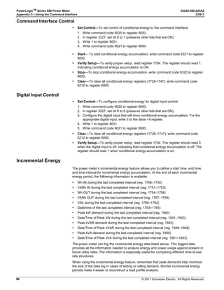 © 2011 Schneider Electric. All Rights Reserved.
63230-500-225A2 PowerLogicTM
Series 800 Power Meter
3/2011 Chapter 6—Alarms
51
Table 6–5: List of Default Basic Alarms by Alarm Number
Alarm
Number
Alarm Description
Abbreviated
Display Name
Test
Register
Units
Scale
Group➀
Alarm
Type➁
Standard Speed Alarms (1 Second)
01 Over Current Phase A Over Ia 1100 Amperes A 010
02 Over Current Phase B Over Ib 1101 Amperes A 010
03 Over Current Phase C Over Ic 1102 Amperes A 010
04 Over Current Neutral Over In 1103 Amperes B 010
05 Current Unbalance, Max I Unbal Max 1110 Tenths % — 010
06 Current Loss Current Loss 3262 Amperes A 053
07 Over Voltage Phase A–N Over Van 1124 Volts D 010
08 Over Voltage Phase B–N Over Vbn 1125 Volts D 010
09 Over Voltage Phase C–N Over Vcn 1126 Volts D 010
10 Over Voltage Phase A–B Over Vab 1120 Volts D 010
11 Over Voltage Phase B–C Over Vbc 1121 Volts D 010
12 Over Voltage Phase C–A Over Vca 1122 Volts D 010
13 Under Voltage Phase A Under Van 1124 Volts D 020
14 Under Voltage Phase B Under Vbn 1125 Volts D 020
15 Under Voltage Phase C Under Vcn 1126 Volts D 020
16 Under Voltage Phase A–B Under Vab 1120 Volts D 020
17 Under Voltage Phase B–C Under Vbc 1121 Volts D 020
18 Under Voltage Phase C–A Under Vca 1122 Volts D 020
19 Voltage Unbalance L–N, Max V Unbal L-N Max 1136 Tenths % — 010
20 Voltage Unbalance L–L, Max V Unbal L-L Max 1132 Tenths % — 010
21
Voltage Loss (loss of A,B,C, but
not all)
Voltage Loss 3262 Volts D 052
22 Phase Reversal Phase Rev 3228 — — 051
23 Over kW Demand Over kW Dmd 2151 kW F 011
24 Lagging true power factor Lag True PF 1163 Thousandths — 055
25 Over THD of Voltage Phase A–N Over THD Van 1207 Tenths % — 010
26 Over THD of Voltage Phase B–N Over THD Vbn 1208 Tenths % — 010
27 Over THD of Voltage Phase C–N Over THD Vcn 1209 Tenths % — 010
28 Over THD of Voltage Phase A–B Over THD Vab 1211 Tenths % — 010
29 Over THD of Voltage Phase B–C Over THD Vbc 1212 Tenths % — 010
30 Over THD of Voltage Phase C–A Over THD Vca 1213 Tenths % — 010
31 Over kVA Demand Over kVA Dmd 2181 kVA F 011
32 Over kW Total Over kW Total 1143 kW F 011
33 Over kVA Total Over kVA Total 1151 kVA F 011
34-40
Reserved for additional analog
alarms ➂
— — — — —
34-40 Reserved for custom alarms. — — — — —
Digital
01
End of incremental energy
interval
End Inc Enr Int N/A — — 070
02 End of power demand interval End Dmd Int N/A — — 070
03 Power up/Reset Pwr Up/Reset N/A — — 070
04 Digital Input OFF/ON DIG IN S02 2 — — 060
05-12
Reserved for additional digital
alarms ➂
— — — — —
05-12 Reserved for custom alarms — — — — —
➀ Scale groups are described in Table 6–2 on page 49 .
➁ Alarm types are described in Table 6–6 on page 52 .
➂ Additional analog and digital alarms require a corresponding I/O module to be installed.
 