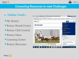 TITLE | 21
Connecting Resources to meet Challenges
2- Online Tools :
▪My Rotary
▪Rotary Brand Center
▪Rotary Club Central
▪Rotary Ideas
▪Learning Center
▪Rotary Showcase
 