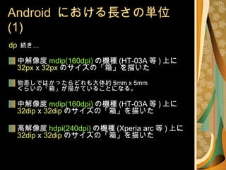 Android  における長さの単位 (1) dp   続き… 中解像度 mdip(160dpi) の機種 (HT-03A 等 ) 上に 32px  x  32px のサイズの「箱」を描いた 物差しではかったらどれも大体約 5mm x 5mm ぐらいの「箱」が描かていることになる。 中解像度 mdip(160dpi) の機種 (HT-03A 等 ) 上に 32dip  x  32dip のサイズの「箱」を描いた 高解像度 hdpi(240dpi) の機種 (Xperia arc 等 ) 上に 32dip  x  32dip のサイズの「箱」を描いた 