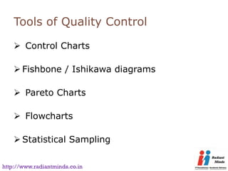Tools of Quality Control

     Control Charts

     Fishbone / Ishikawa diagrams

     Pareto Charts

     Flowcharts

     Statistical Sampling

http://www.radiantminds.co.in
 