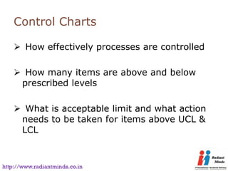 Control Charts

     How effectively processes are controlled

     How many items are above and below
     prescribed levels

     What is acceptable limit and what action
     needs to be taken for items above UCL &
     LCL



http://www.radiantminds.co.in
 