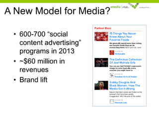 A New Model for Media?
• 600-700 “social
content advertising”
programs in 2013
• ~$60 million in
revenues
• Brand lift

 