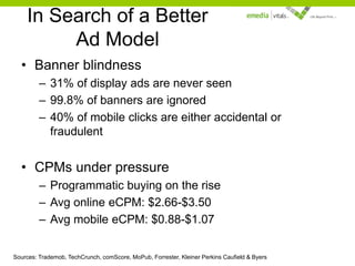 In Search of a Better
Ad Model
• Banner blindness
– 31% of display ads are never seen
– 99.8% of banners are ignored
– 40% of mobile clicks are either accidental or
fraudulent

• CPMs under pressure
– Programmatic buying on the rise
– Avg online eCPM: $2.66-$3.50
– Avg mobile eCPM: $0.88-$1.07
Sources: Trademob, TechCrunch, comScore, MoPub, Forrester, Kleiner Perkins Caufield & Byers

 