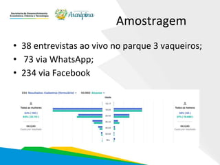 Amostragem
• 38 entrevistas ao vivo no parque 3 vaqueiros;
• 73 via WhatsApp;
• 234 via Facebook