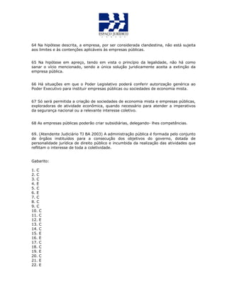 64 Na hipótese descrita, a empresa, por ser considerada clandestina, não está sujeita
aos limites e às contenções aplicáveis às empresas públicas.
65 Na hipótese em apreço, tendo em vista o princípio da legalidade, não há como
sanar o vício mencionado, sendo a única solução juridicamente aceita a extinção da
empresa pública.
66 Há situações em que o Poder Legislativo poderá conferir autorização genérica ao
Poder Executivo para instituir empresas públicas ou sociedades de economia mista.
67 Só será permitida a criação de sociedades de economia mista e empresas públicas,
exploradoras de atividade econômica, quando necessário para atender a imperativos
da segurança nacional ou a relevante interesse coletivo.
68 As empresas públicas poderão criar subsidiárias, delegando- lhes competências.
69. (Atendente Judiciário TJ BA 2003) A administração pública é formada pelo conjunto
de órgãos instituídos para a consecução dos objetivos do governo, dotada de
personalidade jurídica de direito público e incumbida da realização das atividades que
reflitam o interesse de toda a coletividade.
Gabarito:
1. C
2. C
3. C
4. E
5. C
6. E
7. C
8. C
9. C
10. C
11. C
12. E
13. C
14. C
15. E
16. E
17. C
18. C
19. E
20. C
21. E
22. E
 