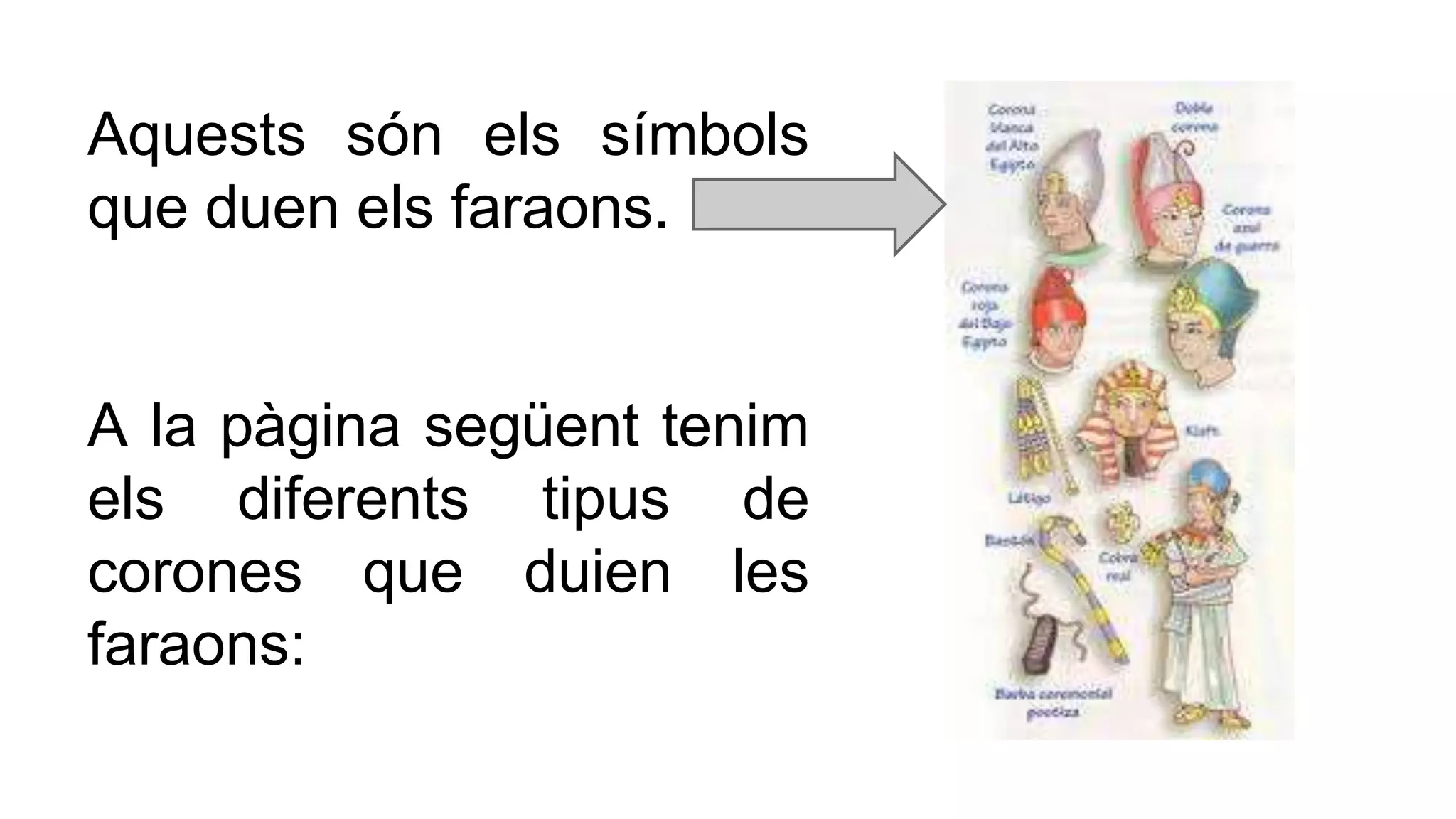 Aquests són els símbols
que duen els faraons.
A la pàgina següent tenim
els diferents tipus de
corones que duien les
faraons:
 