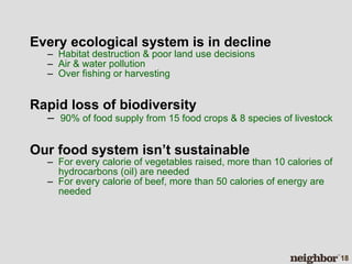 Every ecological system is in decline –  Habitat destruction & poor land use decisions –  Air & water pollution –  Over fishing or harvesting Rapid loss of biodiversity –  90% of food supply from 15 food crops & 8 species of livestock Our food system isn’t sustainable –  For every calorie of vegetables raised, more than 10 calories of hydrocarbons (oil) are needed –   For every calorie of beef, more than 50 calories of energy are needed 
