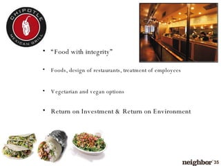 “ Food with integrity” Foods, design of restaurants, treatment of employees Vegetarian and vegan options Return on Investment & Return on Environment 