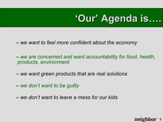 we want to feel more confident about the economy we are concerned and want accountability for food, health,  products, environment we want green products that are real solutions  we don’t want to be guilty we don’t want to leave a mess for our kids ‘ Our’ Agenda is…. 