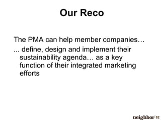 Our Reco The PMA can help member companies… ... define, design and implement their sustainability agenda… as a key function of their integrated marketing efforts 