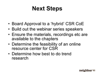 Next Steps Board Approval to a ‘hybrid’ CSR CoE Build out the webinar series speakers Ensure the materials, recordings etc are available to the chapters Determine the feasibility of an online resource center for CSR Determine how best to do trend research 