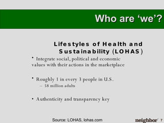 Lifestyles of Health and Sustainability (LOHAS) Who are ‘we’? Source: LOHAS, lohas.com Integrate social, political and economic  values with their actions in the marketplace Roughly 1 in every 3 people in U.S. –  58 million adults •  Authenticity and transparency key   