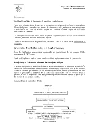 Diagnóstico Ambiental Inicial
                                                                                 Sistema de Gestión Ambiental




GENERALIDADES

Clasificación del Tipo de Generador de Residuos en el Complejo

Como aspecto básico dentro del proceso, es necesario conocer la clasificación de los generadores,
diferenciándolos por categorías, para conocer de esta manera cuales serán las acciones a seguir para
la elaboración del Plan de Manejo Integral de Residuos Sólidos, según las actividades
desarrolladas en cada caso.

Las cinco grandes divisiones en las cuales se agrupan los generadores de residuos son: Residencial,
Comercial, Industrial, Servicio, Institucional o social.

Dentro de la clasificación de generadores, el centro CTPGA se ubica en el Institucional de
educación.

Características de los Residuos Sólidos en el Complejo Tecnológico

Según la clasificación anteriormente mencionada las características de los residuos sólidos
generados en el CTPGA son:

Papel, cartón, plástico, madera, vidrio, metales, residuos orgánicos y residuos de construcción

Manejo Integral De Residuos Sólidos en el Complejo Tecnológico

El Manejo Integral de los Residuos Sólidos es la disciplina asociada al control de la generación,
separación, almacenamiento, aprovechamiento, tratamiento y disposición final de los residuos
sólidos de tal forma que armoniza con los principios económicos, sociales y ambientales, por tanto
implica la planeación y cobertura de las actividades relacionadas con los residuos desde la
generación hasta su disposición final. El siguiente esquema muestra cada uno de los pasos que se
dan en ciclo de los residuos sólidos.

Esquema: Ciclo de los residuos sólidos

                                                 GENERACI�




                              SEPARACIÓN Y ALMACENAMIENTO EN LA FUENTE




                                    RECOLECCIÓN Y TRANSPORTE INTERNO



                                                TRATAMIENTO


                   RECICLAJE                                                     DISPOSICIÓN FINAL
                   SENA: CONOCIMIENTO PARA TODOS LOS COLOMBIANOS                                          83
                                           Ministerio de la Protección Social
                                    SERVICIO NACIONAL DE APRENDIZAJE
                     Calle 31 x cra 16 Diagonal Hospital. Tels: 8392373 – 8391918 – Fax: 8392474
                                                  Caucasia Antioquia
                                               http://www.sena.edu.co
 