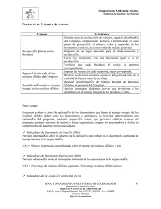 Diagnóstico Ambiental Inicial
                                                                                 Sistema de Gestión Ambiental


DESCRIPCIÓN DE ACCIONES Y ACTIVIDADES


            Acciones                                                 Actividades
                                        Diseñar rutas de recolección de residuos, según la distribución
                                        del Complejo, estableciendo horarios e identificando en cada
                                        punto de generación: el número, color y capacidad de los
                                        recipientes a utilizar, así como el tipo de residuo generado.
Recolección Interna de los              Disponer de un lugar adecuado para el almacenamiento y
Residuos                                recolección.
                                        Lavar los recipientes con una frecuencia igual a la de
                                        recolección.
                                        Verificar que cada Residuos lo recoja la empresa
                                        correspondiente.
                                        Separar las basuras en cada recipiente, según corresponda.
Separación adecuada de los
                                        Realizar mediciones semanales (peso en kilogramos) tanto de la
residuos sólidos del Complejo
                                        cantidad de basura como de reciclaje.
                                        Realizar sensibilización de Manejo Integral de Residuos
Sensibilización sobre el manejo         Sólidos al personal del Complejo.
integral de los residuos sólidos        Aplicar estrategias didácticas activas que involucren a los
                                        aprendices en el manejo integral de los residuos sólidos.



INDICADORES

Buscando evaluar el nivel de aplicación de los lineamientos que frente al manejo integral de los
residuos sólidos deben tener los funcionarios y aprendices, se realizará semestralmente una
evaluación del programa, mediante inspección visual, que permitirá calificar avances del
programa, plantear acciones de mejora y hacer seguimiento, asignar los responsables y fechas de
cumplimiento de acuerdo con las necesidades.

 Indicadores de Desempeño de Gestión (IDG).
Proveen información sobre el esfuerzo de la dirección para influir en el desempeño ambiental de
las operaciones de la organización.

IDG = Número de personas sensibilizadas sobre el manejo de residuos sólidos / año.


 Indicadores de Desempeño Operacional (IDO).
Proveen información sobre el desempeño ambiental de las operaciones de la organización.

IDO = Porcentaje de residuos sólidos separados / Porcentaje residuos sólidos totales


 Indicadores de la Condición Ambiental (ICA).

                   SENA: CONOCIMIENTO PARA TODOS LOS COLOMBIANOS                                          87
                                           Ministerio de la Protección Social
                                    SERVICIO NACIONAL DE APRENDIZAJE
                     Calle 31 x cra 16 Diagonal Hospital. Tels: 8392373 – 8391918 – Fax: 8392474
                                                  Caucasia Antioquia
                                               http://www.sena.edu.co
 