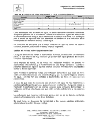 Diagnóstico Ambiental Inicial
                                                                                    Sistema de Gestión Ambiental


Tabla No. 5.Estado de las llaves de suministro CTPGA Subsede Santa Rosa.
                                                       Estado Llaves                                             Baños
           Ubicación
                                       Buena          Con fugas           Clausurada                   Buenos                 Con fugas
Laboratorio maderas                      1
Almacén (bodega)                         1
Baños damas                              4                                                                4
Baños caballeros                         3                                                       4(2 baños /2orinales)            1
Cocineta                                 1                 1
Parqueadero                              1
Total                                   11                 1                    0                         8                      1


Como estrategias para el ahorro de agua, se están realizando campañas educativas.
Aunque las personas de la Subsede no conocen la normatividad vigente en relación con
el consumo sostenible de agua, están interesadas en trabajar en el tema. Las estrategias
para el ahorro de agua que han sido diseñadas son sensibilizar a la comunidad están
contempladas en el Plan de ahorro y uso del agua.

En conclusión se encuentra que el mayor consumo de agua lo tienen las baterías
sanitarias, el cafetín, actividades de aseo y limpieza en general.

Gestión del recurso hídrico (aguas residuales)

Las aguas residuales se vierten al alcantarillado municipal, sin realizarles un tratamiento
previo, el cual tampoco es muy necesario ya que solo son aguas producto de servicios
sanitarios y de limpieza.

Salvo limpieza de rejillas, no se realiza una inspección metódica del sistema de
alcantarillado y las cañerías, y el mantenimiento es sólo de tipo correctivo. Cuando se
presentan escapes de agua en algunas baterías sanitarias inmediatamente se procede a
realizar la debida reparación.

Como medidas de control se realiza una verificación constante de que todas las llaves
estén correctamente cerradas y no presenten fugas y que el personal haga uso eficiente
del agua, además han sido selladas o desmontadas las llaves de agua que son
prescindibles.

A pesar de que existe la conciencia para el ahorro del agua, no hay mecanismos ó
prácticas aplicadas por las personas que permanecen en el centro. Aunque se rescata la
instalación de dosificadores en las baterías sanitarias cerca en la zona de biblioteca y la
verificación continua a las llaves para que estén cerradas debidamente y no presenten
fugas.

Las actividades que mayores vertimientos generan son las de las baterías sanitarias,
cafetería y limpieza general en las áreas de trabajo.

De igual forma se desconoce la normatividad y las buenas prácticas ambientales
relacionadas a la gestión del agua residual.



                       SENA: CONOCIMIENTO PARA TODOS LOS COLOMBIANOS                                                     39
                                              Ministerio de la Protección Social
                                       SERVICIO NACIONAL DE APRENDIZAJE
                        Calle 31 x cra 16 Diagonal Hospital. Tels: 8392373 – 8391918 – Fax: 8392474
                                                     Caucasia Antioquia
                                                  http://www.sena.edu.co
 