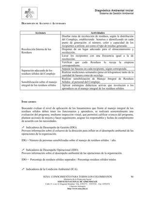Diagnóstico Ambiental Inicial
                                                                                 Sistema de Gestión Ambiental


DESCRIPCIÓN DE ACCIONES Y ACTIVIDADES


            Acciones                                                 Actividades
                                        Diseñar rutas de recolección de residuos, según la distribución
                                        del Complejo, estableciendo horarios e identificando en cada
                                        punto de generación: el número, color y capacidad de los
                                        recipientes a utilizar, así como el tipo de residuo generado.
Recolección Interna de los              Disponer de un lugar adecuado para el almacenamiento y
Residuos                                recolección.
                                        Lavar los recipientes con una frecuencia igual a la de
                                        recolección.
                                        Verificar que cada Residuos lo recoja la empresa
                                        correspondiente.
                                        Separar las basuras en cada recipiente, según corresponda.
Separación adecuada de los
                                        Realizar mediciones semanales (peso en kilogramos) tanto de la
residuos sólidos del Complejo
                                        cantidad de basura como de reciclaje.
                                        Realizar sensibilización de Manejo Integral de Residuos
Sensibilización sobre el manejo         Sólidos al personal del Complejo.
integral de los residuos sólidos        Aplicar estrategias didácticas activas que involucren a los
                                        aprendices en el manejo integral de los residuos sólidos.



INDICADORES

Buscando evaluar el nivel de aplicación de los lineamientos que frente al manejo integral de los
residuos sólidos deben tener los funcionarios y aprendices, se realizará semestralmente una
evaluación del programa, mediante inspección visual, que permitirá calificar avances del programa,
plantear acciones de mejora y hacer seguimiento, asignar los responsables y fechas de cumplimiento
de acuerdo con las necesidades.

 Indicadores de Desempeño de Gestión (IDG).
Proveen información sobre el esfuerzo de la dirección para influir en el desempeño ambiental de las
operaciones de la organización.

IDG = Número de personas sensibilizadas sobre el manejo de residuos sólidos / año.


 Indicadores de Desempeño Operacional (IDO).
Proveen información sobre el desempeño ambiental de las operaciones de la organización.

IDO = Porcentaje de residuos sólidos separados / Porcentaje residuos sólidos totales


 Indicadores de la Condición Ambiental (ICA).

                   SENA: CONOCIMIENTO PARA TODOS LOS COLOMBIANOS                                          86
                                           Ministerio de la Protección Social
                                    SERVICIO NACIONAL DE APRENDIZAJE
                     Calle 31 x cra 16 Diagonal Hospital. Tels: 8392373 – 8391918 – Fax: 8392474
                                                  Caucasia Antioquia
                                               http://www.sena.edu.co
 