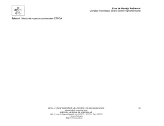 Plan de Manejo Ambiental
                                                                                          Complejo Tecnológico para la Gestión Agroempresarial


Tabla 4. Matriz de impactos ambientales CTPGA




                                SENA: CONOCIMIENTO PARA TODOS LOS COLOMBIANOS                                                              20
                                                        Ministerio de la Protección Social
                                                 SERVICIO NACIONAL DE APRENDIZAJE
                                  Calle 31 x cra 16 Diagonal Hospital. Tels: 8392373 – 8391918 – Fax: 8392474
                                                               Caucasia Antioquia
                                                         http://www.sena.edu.co
 