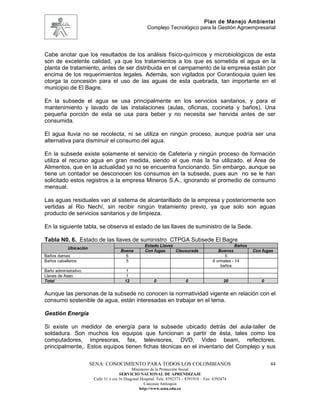 Plan de Manejo Ambiental
                                                       Complejo Tecnológico para la Gestión Agroempresarial




Cabe anotar que los resultados de los análisis físico-químicos y microbiológicos de esta
son de excelente calidad, ya que los tratamientos a los que es sometida el agua en la
planta de tratamiento, antes de ser distribuida en el campamento de la empresa están por
encima de los requerimientos legales. Además, son vigilados por Corantioquia quien les
otorga la concesión para el uso de las aguas de esta quebrada, tan importante en el
municipio de El Bagre.

En la subsede el agua se usa principalmente en los servicios sanitarios, y para el
mantenimiento y lavado de las instalaciones (aulas, oficinas, cocineta y baños). Una
pequeña porción de esta se usa para beber y no necesita ser hervida antes de ser
consumida.

El agua lluvia no se recolecta, ni se utiliza en ningún proceso, aunque podría ser una
alternativa para disminuir el consumo del agua.

En la subsede existe solamente el servicio de Cafetería y ningún proceso de formación
utiliza el recurso agua en gran medida, siendo el que más la ha utilizado, el Área de
Alimentos, que en la actualidad ya no se encuentra funcionando. Sin embargo, aunque se
tiene un contador se desconocen los consumos en la subsede, pues aun no se le han
solicitado estos registros a la empresa Mineros S.A., ignorando el promedio de consumo
mensual.

Las aguas residuales van al sistema de alcantarillado de la empresa y posteriormente son
vertidas al Rio Nechí, sin recibir ningún tratamiento previo, ya que solo son aguas
producto de servicios sanitarios y de limpieza.

En la siguiente tabla, se observa el estado de las llaves de suministro de la Sede.

Tabla N0. 6. Estado de las llaves de suministro CTPGA Subsede El Bagre
                                                     Estado Llaves                                       Baños
            Ubicación
                                        Buena        Con fugas     Clausurada                  Buenos            Con fugas
Baños damas                               5                                                        5
Baños caballeros                          5                                                 6 orinales - 14
                                                                                                baños
Baño administrativo                        1
Llaves de Aseo                             1
Total                                     12               0                 0                    20                0


Aunque las personas de la subsede no conocen la normatividad vigente en relación con el
consumo sostenible de agua, están interesadas en trabajar en el tema.

Gestión Energía

Si existe un medidor de energía para la subsede ubicado detrás del aula-taller de
soldadura. Son muchos los equipos que funcionan a partir de ésta, tales como los
computadores, impresoras, fax, televisores, DVD, Video beam, reflectores,
principalmente,. Estos equipos tienen fichas técnicas en el inventario del Complejo y sus

                        SENA: CONOCIMIENTO PARA TODOS LOS COLOMBIANOS                                                   44
                                               Ministerio de la Protección Social
                                        SERVICIO NACIONAL DE APRENDIZAJE
                         Calle 31 x cra 16 Diagonal Hospital. Tels: 8392373 – 8391918 – Fax: 8392474
                                                      Caucasia Antioquia
                                                   http://www.sena.edu.co
 