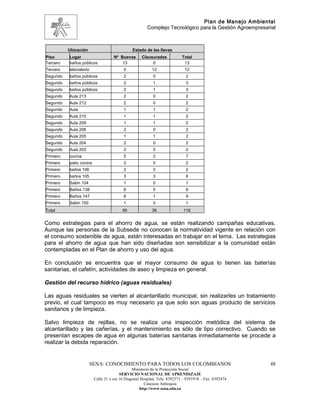 Plan de Manejo Ambiental
                                                       Complejo Tecnológico para la Gestión Agroempresarial



          Ubicación                           Estado de las llaves
Piso      Lugar                     Nº Buenas       Clausuradas           Total
Tercero   baños públicos                13               0                 13
Tercero   laboratorio                    0               12                 12
Segundo   baños públicos                 2                0                  2
Segundo   baños públicos                 2                1                  3
Segundo   baños públicos                 2                1                  3
Segundo   Aula 213                       2                0                  2
Segundo   Aula 212                       2                0                  2
Segundo   Aula                           1                1                  2
Segundo   Aula 210                       1                1                  2
Segundo   Aula 209                       1                1                  2
Segundo   Aula 206                       2                0                  2
Segundo   Aula 205                       1                1                  2
Segundo   Aula 204                       2                0                  2
Segundo   Aula 203                       2                0                  2
Primero   cocina                         5                2                  7
Primero   patio cocina                   2                0                  2
Primero   baños 106                      2                0                  2
Primero   baños 105                      3                3                  6
Primero   Salón 104                      1                0                  1
Primero   Baños 138                      6                0                  6
Primero   Baños 147                      8                1                  9
Primero   Salón 150                      1                0                  1
Total                                    90              36                116


Como estrategias para el ahorro de agua, se están realizando campañas educativas.
Aunque las personas de la Subsede no conocen la normatividad vigente en relación con
el consumo sostenible de agua, están interesadas en trabajar en el tema. Las estrategias
para el ahorro de agua que han sido diseñadas son sensibilizar a la comunidad están
contempladas en el Plan de ahorro y uso del agua.

En conclusión se encuentra que el mayor consumo de agua lo tienen las baterías
sanitarias, el cafetín, actividades de aseo y limpieza en general.

Gestión del recurso hídrico (aguas residuales)

Las aguas residuales se vierten al alcantarillado municipal, sin realizarles un tratamiento
previo, el cual tampoco es muy necesario ya que solo son aguas producto de servicios
sanitarios y de limpieza.

Salvo limpieza de rejillas, no se realiza una inspección metódica del sistema de
alcantarillado y las cañerías, y el mantenimiento es sólo de tipo correctivo. Cuando se
presentan escapes de agua en algunas baterías sanitarias inmediatamente se procede a
realizar la debida reparación.


                      SENA: CONOCIMIENTO PARA TODOS LOS COLOMBIANOS                                     48
                                               Ministerio de la Protección Social
                                        SERVICIO NACIONAL DE APRENDIZAJE
                         Calle 31 x cra 16 Diagonal Hospital. Tels: 8392373 – 8391918 – Fax: 8392474
                                                      Caucasia Antioquia
                                                   http://www.sena.edu.co
 