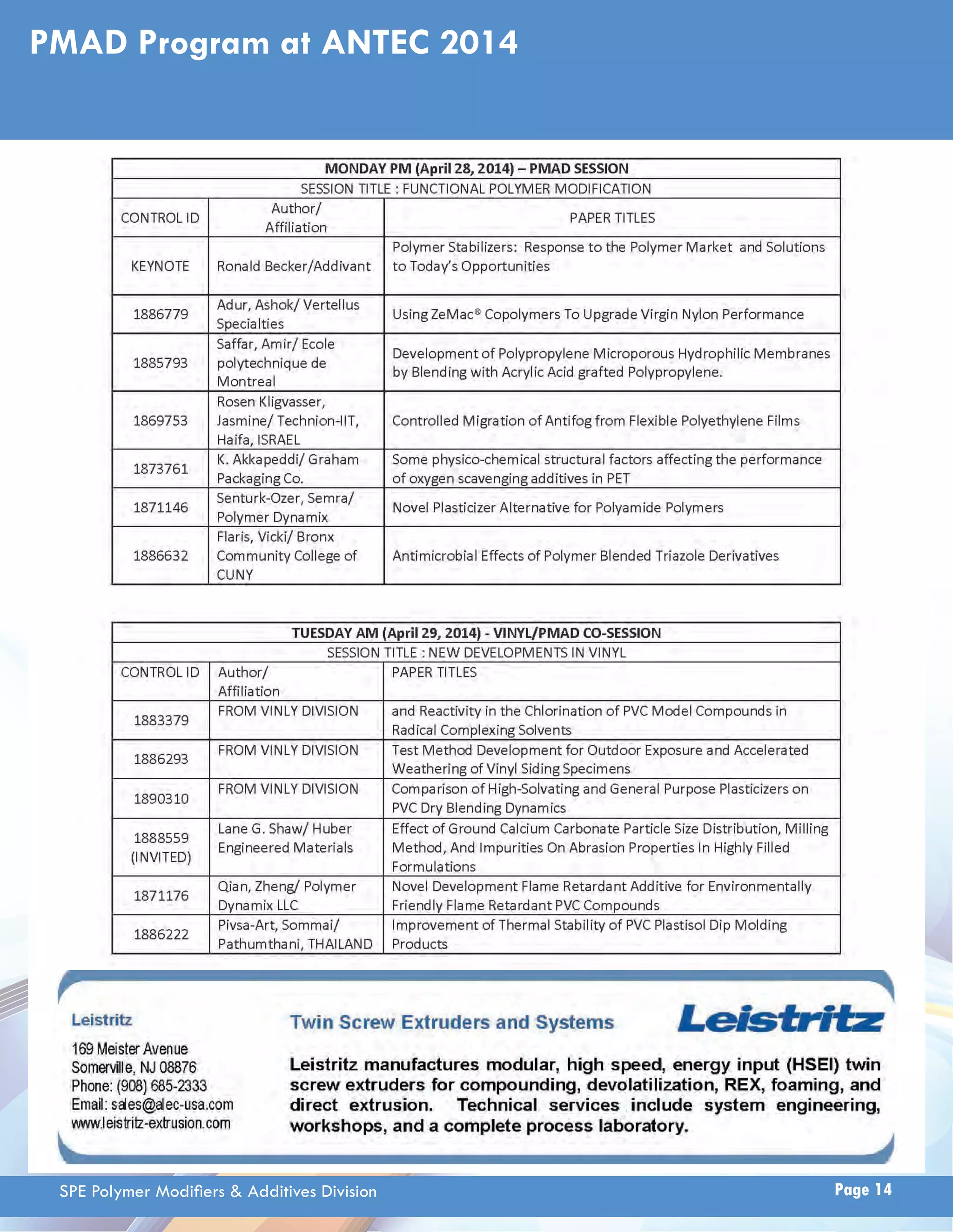 PMAD Program at ANTEC 2014 
SPE Polymer Modifi ers  Additives Division Page 14 
 