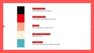 6
Tono para fondo
Conceptualización teatral
Tono corporativo
Conceptos asociados a la marca
Para link
Para distinguir o diferenciar
Para generar contraste
Permite ritmo
Call to action
Distinción entre todo, indica la acción.
 