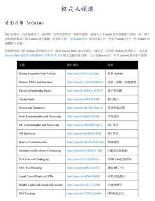 程式人頻道
看影片學 Arduino
最近這幾年，我逐漸養成了一個習慣，如果我想學習一個新的領域，就會先上 Youtube 找找相關影片看看。前一陣子
我開始對單晶片與 Arduino 發生興趣，於是除了買 一組Arduino套件 來玩玩看之外，也到 Youtube 找了一些 Arduino 的
相關影片來看。
我發現用影片學 Arduino 是很棒的方法，像是 Jeremy Blum 這位年輕人，就拍了一系列的 Arduino 教學影片，並且在
Jeremy Blum 網站的 ARDUINO TUTORIALS 中附上完整的程式碼3，以下是Jeremy 的一系列 Arduino 教學影片整理。
主題 影片網址 說明
Getting Acquainted with Arduino http://youtu.be/fCxzA9_kg6s 熟悉 Arduino
Buttons, PWM, and Functions http://youtu.be/_LCCGFSMOr4 按鈕、函數、振幅調整
Electrical Engineering Basics http://youtu.be/abWCy_aOSwY 電子學基礎
Analog Inputs http://youtu.be/js4TK0U848I 類比輸入
Motors and Transistors http://youtu.be/5bHPKU4ybHY 馬達與電晶體
Serial Communication and Processing http://youtu.be/g0pSfyXOXj8 序列通訊
I2C Communication and Processing http://youtu.be/GJX0BRUagCg I2C 通訊
SPI Interfaces http://youtu.be/1nO2SSExEnQ SPI 界面
Wireless Communication http://youtu.be/vKVNmA8C6m8 無線通訊
Interrupts and Hardware Debouncing http://youtu.be/CRJUdf5TTQQ 中斷與去除跳動
SD Cards and Datalogging http://youtu.be/5v5A3j7Rrco 用SD Card記錄資料
RFID Card Reading http://youtu.be/gIlSLwcbeTU 讀取 RFID 卡
Liquid Crystal Displays (LCDs) http://youtu.be/oIiDseJO4dM LCD 液晶顯示
Holiday Lights and Sounds Spectacular! http://youtu.be/CoG_Czyr7z0 光線與聲音
GPS Tracking http://youtu.be/TtZEZYQG0xk GPS衛星定位
 