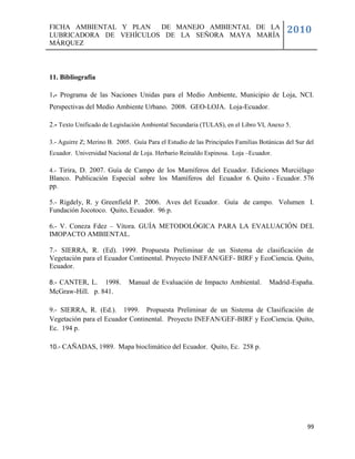 FICHA AMBIENTAL Y PLAN  DE MANEJO AMBIENTAL DE LA
LUBRICADORA DE VEHÍCULOS DE LA SEÑORA MAYA MARÍA
                                                                                          2010
MÁRQUEZ



11. Bibliografía

1.- Programa de las Naciones Unidas para el Medio Ambiente, Municipio de Loja, NCI.
Perspectivas del Medio Ambiente Urbano. 2008. GEO-LOJA. Loja-Ecuador.

2.- Texto Unificado de Legislación Ambiental Secundaria (TULAS), en el Libro VI, Anexo 5.

3.- Aguirre Z; Merino B. 2005. Guía Para el Estudio de las Principales Familias Botánicas del Sur del
Ecuador. Universidad Nacional de Loja. Herbario Reinaldo Espinosa. Loja –Ecuador.

4.- Tirira, D. 2007. Guía de Campo de los Mamíferos del Ecuador. Ediciones Murciélago
Blanco. Publicación Especial sobre los Mamíferos del Ecuador 6. Quito - Ecuador. 576
pp.

5.- Rigdely, R. y Greenfield P. 2006. Aves del Ecuador. Guía de campo. Volumen I.
Fundación Jocotoco. Quito, Ecuador. 96 p.

6.- V. Coneza Fdez – Vítora. GUÍA METODOLÓGICA PARA LA EVALUACIÓN DEL
IMOPACTO AMBIENTAL.

7.- SIERRA, R. (Ed). 1999. Propuesta Preliminar de un Sistema de clasificación de
Vegetación para el Ecuador Continental. Proyecto INEFAN/GEF- BIRF y EcoCiencia. Quito,
Ecuador.

8.- CANTER, L.   1998.        Manual de Evaluación de Impacto Ambiental.           Madrid-España.
McGraw-Hill. p. 841.

9.- SIERRA, R. (Ed.). 1999. Propuesta Preliminar de un Sistema de Clasificación de
Vegetación para el Ecuador Continental. Proyecto INEFAN/GEF-BIRF y EcoCiencia. Quito,
Ec. 194 p.

10.- CAÑADAS, 1989. Mapa bioclimático del Ecuador. Quito, Ec. 258 p.




                                                                                                  99
 