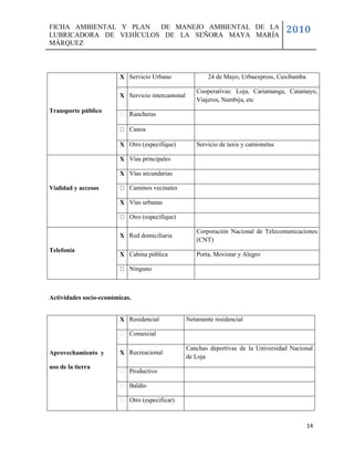 FICHA AMBIENTAL Y PLAN  DE MANEJO AMBIENTAL DE LA
LUBRICADORA DE VEHÍCULOS DE LA SEÑORA MAYA MARÍA
                                                                                        2010
MÁRQUEZ



                         X Servicio Urbano                  24 de Mayo, Urbaexpress, Cuxibamba

                                                       Cooperativas: Loja, Cariamanga, Catamayo,
                         X Servicio intercantonal
                                                       Viajeros, Nambija, etc
Transporte público
                            Rancheras

                            Canoa

                         X Otro (especifique)          Servicio de taxis y camionetas

                         X Vías principales

                         X Vías secundarias

Vialidad y accesos          Caminos vecinales

                         X Vías urbanas

                            Otro (especifique)

                                                       Corporación Nacional de Telecomunicaciones
                         X Red domiciliaria
                                                       (CNT)
Telefonía
                         X Cabina pública              Porta, Movistar y Alegro

                            Ninguno



Actividades socio-económicas.


                         X Residencial              Netamente residencial

                            Comercial

                                                    Canchas deportivas de la Universidad Nacional
Aprovechamiento y        X Recreacional
                                                    de Loja
uso de la tierra
                            Productivo

                            Baldío

                            Otro (especificar)



                                                                                                 14
 