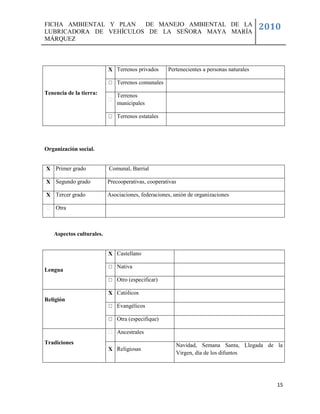 FICHA AMBIENTAL Y PLAN  DE MANEJO AMBIENTAL DE LA
LUBRICADORA DE VEHÍCULOS DE LA SEÑORA MAYA MARÍA
                                                                                         2010
MÁRQUEZ



                          X Terrenos privados      Pertenecientes a personas naturales

                             Terrenos comunales
Tenencia de la tierra:       Terrenos
                             municipales

                             Terrenos estatales




Organización social.


X Primer grado            Comunal, Barrial

X Segundo grado           Precooperativas, cooperativas

X Tercer grado            Asociaciones, federaciones, unión de organizaciones

    Otra



   Aspectos culturales.


                          X Castellano

                             Nativa
Lengua
                             Otro (especificar)

                          X Católicos
Religión
                             Evangélicos

                             Otra (especifique)

                             Ancestrales
Tradiciones                                           Navidad, Semana Santa, Llegada de la
                          X Religiosas
                                                      Virgen, día de los difuntos




                                                                                            15
 