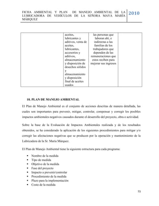 FICHA AMBIENTAL Y PLAN  DE MANEJO AMBIENTAL DE LA
LUBRICADORA DE VEHÍCULOS DE LA SEÑORA MAYA MARÍA
                                                                                    2010
MÁRQUEZ



                                  aceites,               las personas que
                                  lubricantes y            laboran ahí, e
                                  aditivos, venta de      indirectas a las
                                  aceites,                familias de los
                                  lubricantes,           trabajadores que
                                  accesorios y           dependen de las
                                  aditivos,            remuneraciones que
                                  almacenamiento        estos reciben para
                                  y disposición de     mejorar sus ingresos
                                  desechos sólidos
                                  y
                                  almacenamiento
                                  y disposición
                                  final de aceites
                                  usados



   10. PLAN DE MANEJO AMBIENTAL

El Plan de Manejo Ambiental es el conjunto de acciones descritas de manera detallada, las
cuales son importantes para prevenir, mitigar, controlar, compensar y corregir los posibles
impactos ambientales negativos causados durante el desarrollo del proyecto, obra o actividad.

Sobre la base de la Evaluación de Impactos Ambientales realizada y de los resultados
obtenidos, se ha considerado la aplicación de los siguientes procedimientos para mitigar y/o
corregir las afectaciones negativas que se producen por la operación y mantenimiento de la
Lubricadora de la Sr. María Márquez.

El Plan de Manejo Ambiental tiene la siguiente estructura para cada programa:

      Nombre de la medida
      Tipo de medida
      Objetivo de la medida
      Fase del proyecto
      Impacto a prevenir/controlar
      Procedimiento de la medida
      Plazo para la implementación
      Costo de la medida

                                                                                            73
 