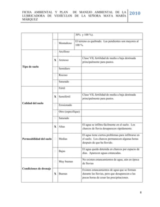 FICHA AMBIENTAL Y PLAN  DE MANEJO AMBIENTAL DE LA
LUBRICADORA DE VEHÍCULOS DE LA SEÑORA MAYA MARÍA
                                                                                           2010
MÁRQUEZ



                                           30% y 100 %).

                                           El terreno es quebrado. Las pendientes son mayores al
                             Montañoso
                                           100 %.

                             Arcilloso

                                                  Clase VII, fertilidad de media a baja destinada
                          X Arenoso
                                                  principalmente para pastos.
Tipo de suelo
                             Semiduro

                             Rocoso

                             Saturado

                             Fértil

                                                  Clase VII, fertilidad de media a baja destinada
                          X Semifértil
                                                  principalmente para pastos.
Calidad del suelo
                             Erosionado

                             Otro (especifique)

                             Saturado

                                                  El agua se infiltra fácilmente en el suelo. Los
                          X Altas
                                                  charcos de lluvia desaparecen rápidamente.

                                                  El agua tiene ciertos problemas para infiltrarse en
Permeabilidad del suelo      Medias               el suelo. Los charcos permanecen algunas horas
                                                  después de que ha llovido.

                                                  El agua queda detenida en charcos por espacio de
                             Bajas
                                                  días. Aparecen aguas estancadas.

                                                  No existen estancamientos de agua, aún en época
                             Muy buenas
                                                  de lluvias
Condiciones de drenaje                            Existen estancamientos de agua que se forman
                          X Buenas                durante las lluvias, pero que desaparecen a las
                                                  pocas horas de cesar las precipitaciones.




                                                                                                        8
 