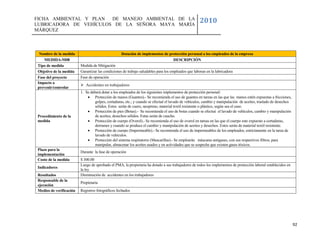 FICHA AMBIENTAL Y PLAN  DE MANEJO AMBIENTAL DE LA
LUBRICADORA DE VEHÍCULOS DE LA SEÑORA MAYA MARÍA
                                                                                                      2010
MÁRQUEZ



  Nombre de la medida                               Dotación de implementos de protección personal a los empleados de la empresa
    MEDIDA-M08                                                                   DESCRIPCIÓN
 Tipo de medida           Medida de Mitigación
 Objetivo de la medida    Garantizar las condiciones de trabajo saludables para los empleados que laboran en la lubricadora
 Fase del proyecto        Fase de operación
 Impacto a
                           Accidentes en trabajadores
 prevenir/controlar
                          1. Se deberá dotar a los empleados de los siguientes implementos de protección personal:
                               Protección de manos (Guantes).- Se recomienda el uso de guantes en tareas en las que las manos estén expuestas a fricciones,
                                   golpes, cortaduras, etc.; y cuando se efectué el lavado de vehículos, cambio y manipulación de aceites, traslado de desechos
                                   sólidos. Estos serán de cuero, neopreno, material textil resistente o plástico, según sea el caso.
                               Protección de pies (Botas).- Se recomienda el uso de botas cuando se efectué el lavado de vehículos, cambio y manipulación
 Procedimiento de la               de aceites, desechos sólidos. Estas serán de caucho.
 medida                        Protección de cuerpo (Overol).- Se recomienda el uso de overol en tareas en las que el cuerpo este expuesto a cortaduras,
                                   derrames y cuando se produce el cambio y manipulación de aceites y desechos. Estos serán de material textil resistente.
                               Protección de cuerpo (Impermeable).- Se recomienda el uso de impermeables de los empleados, estrictamente en la tarea de
                                   lavado de vehículos.
                               Protección del sistema respiratorio (Mascarillas).- Se emplearán máscaras antigases, con sus respectivos filtros, para
                                   manipular, almacenar los aceites usados y en actividades que se sospeche que existen gases tóxicos.
 Plazo para la
                          Durante la fase de operación
 implementación
 Costo de la medida       $ 300.00
                          Luego de aprobado el PMA, la propietaria ha dotado a sus trabajadores de todos los implementos de protección laboral establecidos en
 Indicadores
                          la ley
 Resultados               Disminución de accidentes en los trabajadores
 Responsable de la
                          Propietaria
 ejecución
 Medios de verificación   Registros fotográficos fechados




                                                                                                                                                                  92
 