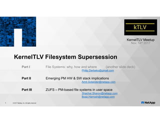 KernelTLV Filesystem Supersession
Part I File Systems: why, how and where (another slide deck)
Philip.Derbeko@gmail.com
Part II Emerging PM HW & SW stack implications
Amit.Golander@netapp.com
Part III ZUFS – PM-based file systems in user space
Shachar.Sharon@netapp.com
Boaz.Harrosh@netapp.com
© 2017 NetApp, Inc. All rights reserved1
KernelTLV Meetup
Nov. 14th 2017
 