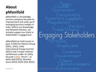 About
pManifold
pManifold is a knowledge
services company focused on
improvement and scale-up of
emerging business models in
India. Within our Knowledge
and Network Practice, we
actively support our client in
stakeholder’s engagement.
pManifold has held events in
past, R-IDEA for Raisoni Group
(2011, 2012), India
International Energy Summit
(2011) and 3 major national
conferences under its utility
focused IUKAN forum – at
Delhi (Feb 2013), Mumbai
(June 2013), Delhi (Feb 2014).
3/28/2014 © pManifold. All rights reserved. 2
 