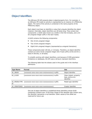 Object Identifiers
Object Identifiers
The AllFusion PM API presents data in object/property form. For example, in
an AllFusion PM model an activity is represented by an instance of a PMActivity
object. The name of the activity is contained in the name property of the
PMActivity object.
Each object must bear an identifier-a value that uniquely identifies the object
instance. Internally, object identifiers are 20 bytes long. They contain two
components: a GUID (also known as a UUID) in the first 16 bytes, and a 32-
bit unsigned integer suffix in the last 4 bytes.
A GUID contains the following components:
One 32-bit unsigned integer
Two 16-bit unsigned integers
Eight 8-bit unsigned integers (represented as unsigned characters)
These components total 128 bits, or 16 bytes. Therefore, an object identifier
contains an extra 32-bit unsigned integer (the 4 byte suffix) at the end for a
total of 160 bits, or 20 bytes.
To simplify working with object identifiers, and because of COM automation
limitations on datatypes, the API uses a string to represent identifiers.
The following table lists the aliases used in this guide and in the interface
definitions:
Type Name Format Use
SC_OBJID {xxxxxxxx-xxxx-xxxx-xxxx-xxxxxxxxxxxx}+suffix Object identifier
SC_CLSID {xxxxxxxx-xxxx-xxxx-xxxx-xxxxxxxxxxxx}+suffix Class (object, property
type, and so on)
identifier
SC_MODELTYPE
ID
{xxxxxxxx-xxxx-xxxx-xxxx-xxxxxxxxxxxx}+suffix Model type identifier
SC_CREATORID {xxxxxxxx-xxxx-xxxx-xxxx-xxxxxxxxxxxx} Creator identifier
One set of object identifiers is predefined-those identifiers whose GUID
component contains zero. If the final 4 bytes of the identifier also contain zero,
the identifier represents a null identifier. Other values of the offset are
reserved for future use.
API Components 17
 