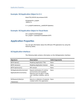 Application Properties
Example: ISCApplication Object in C++
#import "PM_SCAPI.dll" using namespace SCAPI;
ISCApplicationPtr m_scAppPtr;
HRESULT hr;
hr = m_scAppPtr.CreateInstance(__uuidof(SCAPI::Application));
Example: ISCApplication Object in Visual Basic
Dim m_scAppPtr As SCAPI.Application
Set m_scAppPtr = CreateObject("ProcessModeler.SCAPI")
Application Properties
You can get information about the AllFusion PM application by using the
following tables.
ISCApplication Interface
The following table contains information on the ISCApplication interface:
Signature Description Valid Arguments
BSTR Name() Modeling Application Title None
BSTR Version() Modeling Application Version None
BSTR ApiVersion() API version None
ISCApplicationEnvironment
ApplicationEnvironment()
Reports attributes of runtime
environment and available
features such as add-in mode,
user interface visibility, and so
on
None
ISCSessionCollection
*Sessions()
Returns a collection of sessions
created within the application
None
22 API Reference Guide
 