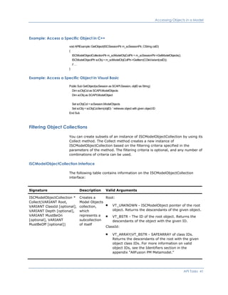 Accessing Objects in a Model
Example: Access a Specific Object in C++
void APIExample::GetObject(ISCSessionPtr m_scSessionPtr, CString csID)
{
ISCModelObjectCollectionPtr m_scModelObjColPtr = m_scSessionPtr->GetModelObjects();
ISCModelObjectPtr scObj = m_scModelObjColPtr->GetItem(COleVariant(csID));
// …
}
Example: Access a Specific Object in Visual Basic
Public Sub GetObject(scSession as SCAPI.Session, objID as String)
Dim scObjCol as SCAPI.ModelObjects
Dim scObj as SCAPI.ModelObject
Set scObjCol = scSession.ModelObjects
Set scObj = scObjCol.Item(objID) ' retrieves object with given object ID
End Sub
Filtering Object Collections
You can create subsets of an instance of ISCModelObjectCollection by using its
Collect method. The Collect method creates a new instance of
ISCModelObjectCollection based on the filtering criteria specified in the
parameters of the method. The filtering criteria is optional, and any number of
combinations of criteria can be used.
ISCModelObjectCollection Interface
The following table contains information on the ISCModelObjectCollection
interface:
Signature Description Valid Arguments
ISCModelObjectCollection *
Collect(VARIANT Root,
VARIANT ClassId [optional],
VARIANT Depth [optional],
VARIANT MustBeOn
[optional], VARIANT
MustBeOff [optional])
Creates a
Model Objects
collection,
which
represents a
subcollection
of itself
Root:
VT_UNKNOWN - ISCModelObject pointer of the root
object. Returns the descendants of the given object.
VT_BSTR - The ID of the root object. Returns the
descendants of the object with the given ID.
ClassId:
VT_ARRAY|VT_BSTR - SAFEARRAY of class IDs.
Returns the descendants of the root with the given
object class IDs. For more information on valid
object IDs, see the Identifiers section in the
appendix “AllFusion PM Metamodel.”
API Tasks 41
 